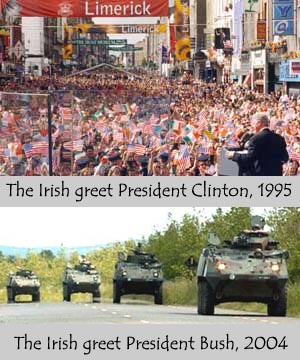 crowds of people cheering clinton in ireland, tanks 'protecting Bush